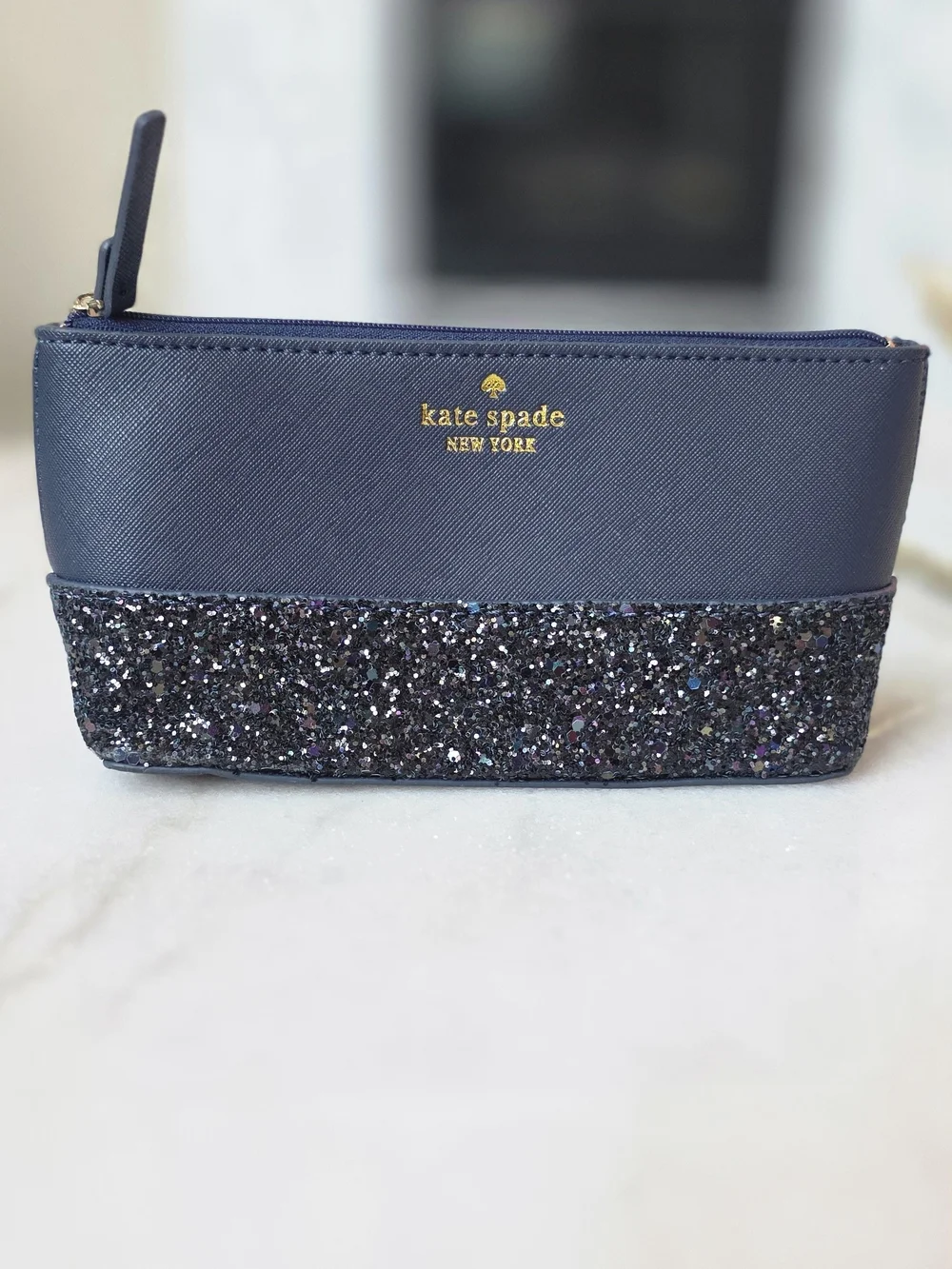 Kate Spade New York Greta Court Glitter Cosmetic Pouch Navy Blue New W/O Tag.